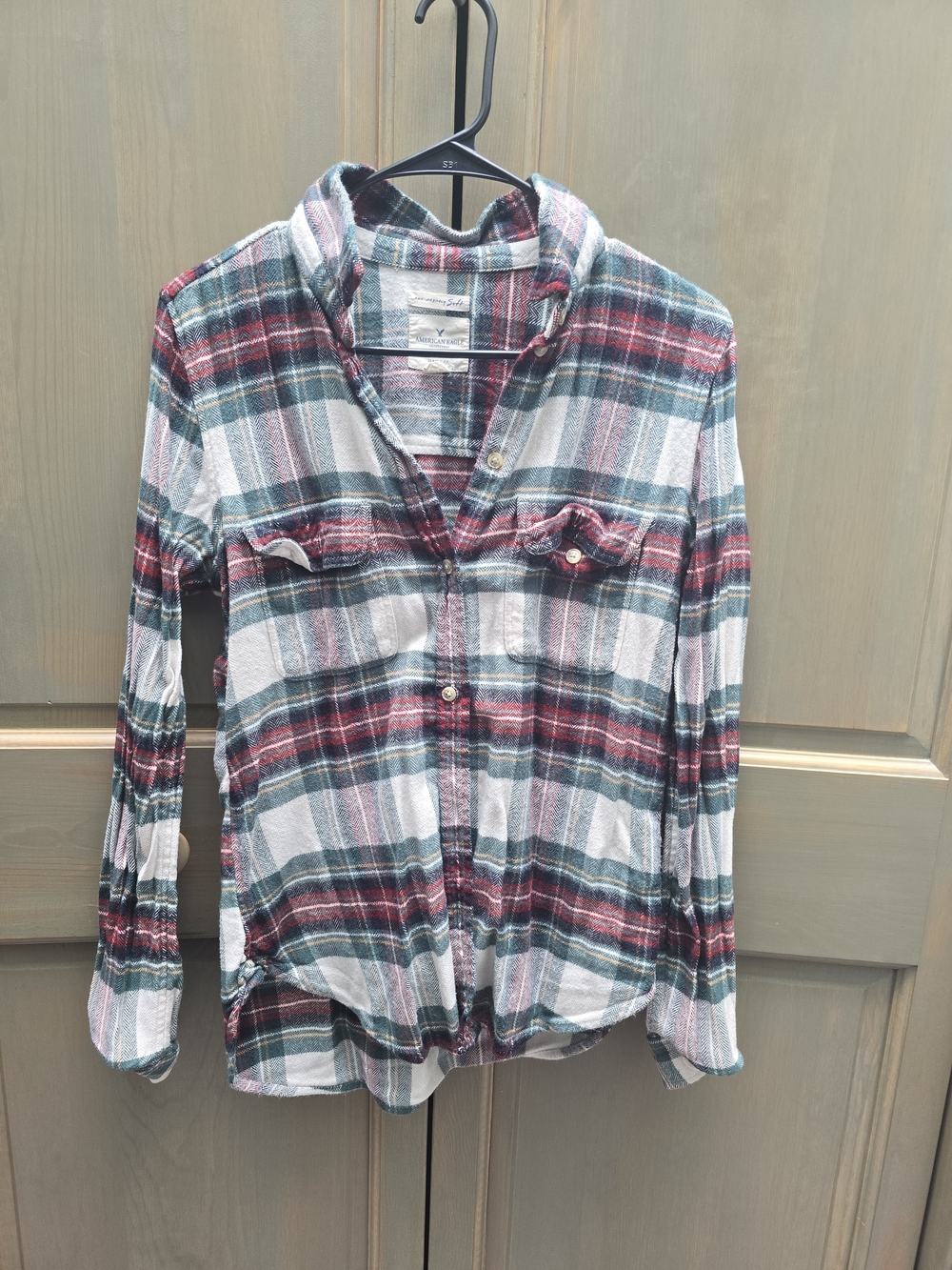 American Eagle Outfitters Plaid Button-Up Shirt in Red, Green, White